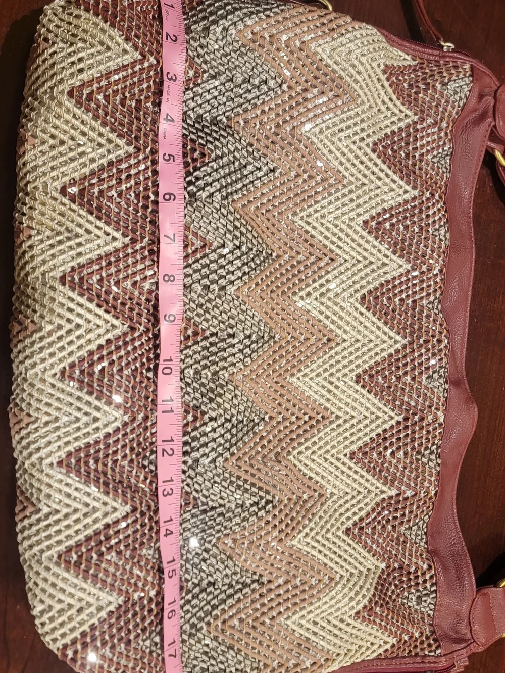 Big Buddha Burgundy, Blush and Cream Woven Chevron Hobo